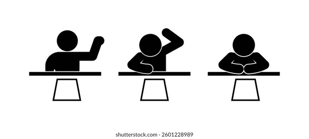 stickman icon, man at table, student with notebook, isolated symbol