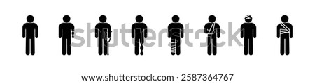 stickman icon set disabled, with bandaged man, injury illustration, stick figure people on crutches, person with prosthesis, medical icons, isolated on transparent