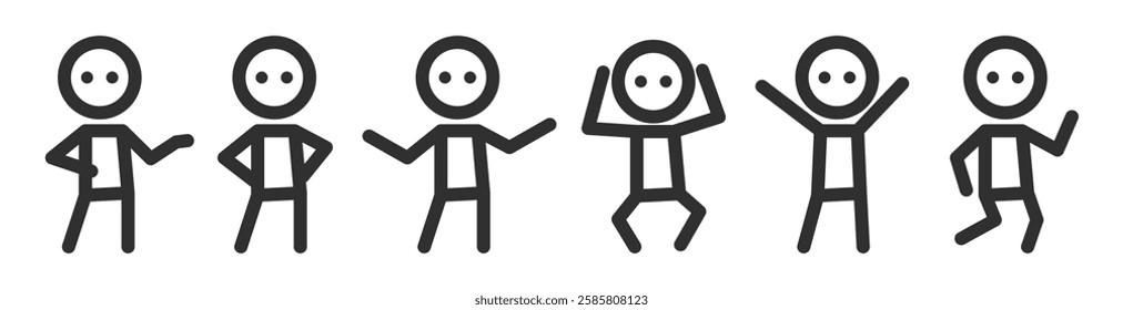 stickman icon, set of human, man in various poses, stick figure people isolated pictograms, person hand gestures, on transparent background png