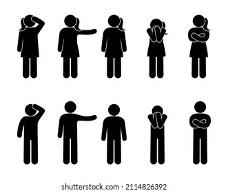 stickman icon, set of human silhouettes, woman and man illustration, stick figure man, poses and hand gestures