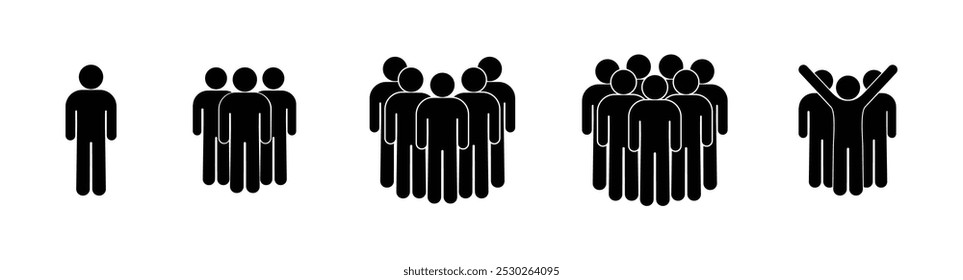 stickman icon set, leader of group of people, isolated pictogram of human silhouettes	