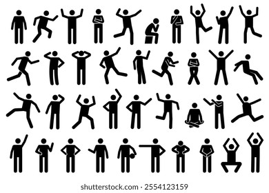 Stickman icons. Stick figures black silhouettes showing various poses and gestures, running, meditating and jumping. Ideal for infographics, design and app interfaces. Minimalist vector illustration.