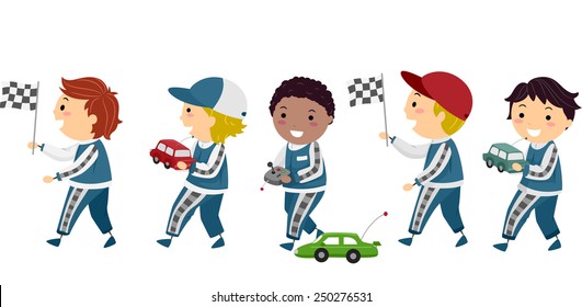 Stickman Illustration of Boys in Racing Uniforms Holding Race Car Toys