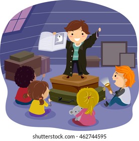 Stickman Illustration Of Children Listening To A Horror Story In The Attic