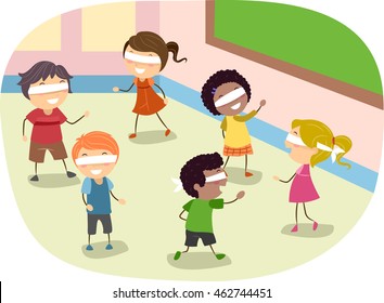 Stickman Illustration of Children Playing a Blindfold Game in Class