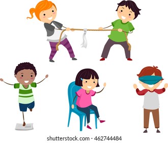 Stickman Illustration of Children Playing Different Parlor Games