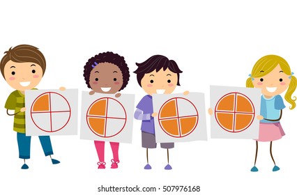 Stickman Illustration of a Diverse Group of Preschool Kids Demonstrating the Concept of Fractions Using a Pie Graph