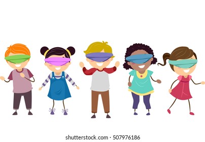 Stickman Illustration of a Diverse Group of Preschool Kids Wandering Aimlessly While Blindfolded