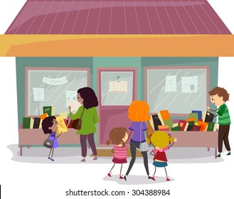 Stickman Illustration of Families Checking Books in a Book Sale