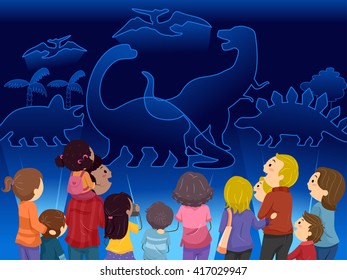 Stickman Illustration of Families Watching Dinosaur Holograms