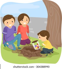 Stickman Illustration of a Family Burying a Time Capsule Together