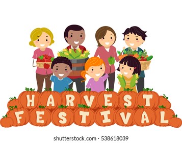 Stickman Illustration of a Family Carrying Baskets Filled with Fruits and Vegetables Standing Behind a Row of Pumpkins That Spell Out Harvest Festival