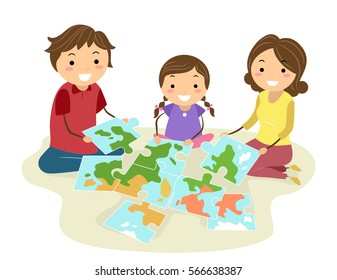 Stickman Illustration of a Family Completing a Jigsaw Puzzle with a Map of the World Printed on It