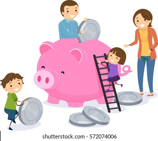 Stickman Illustration of a Family Dropping Giant Coins Into a Giant Piggy Bank Together