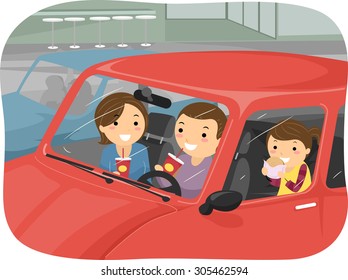 Stickman Illustration Family Eating Fast Food Inside Their Car