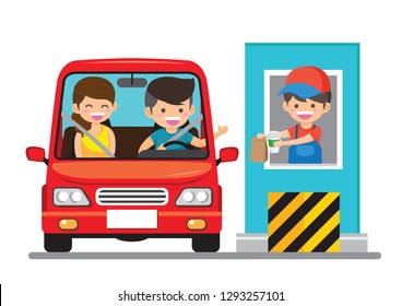 Stickman Illustration of a Family Getting Food at a Drive Thru Restaurant - Vector