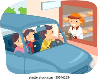 Stickman Illustration of a Family Getting Food at a Drive Thru Restaurant