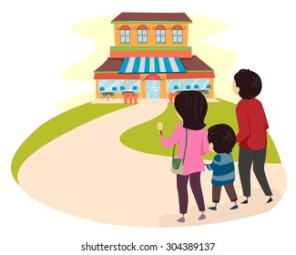 Stickman Illustration of a Family Going to a Restaurant