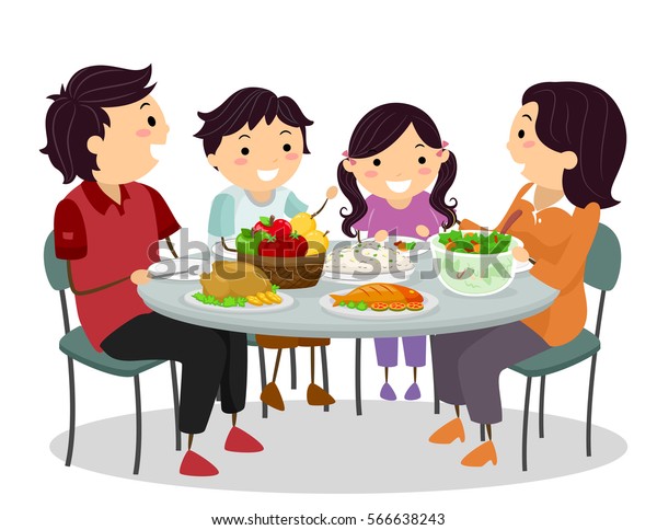 ご飯を分け合いながら楽しくおしゃべりする家族のステックマンイラスト のベクター画像素材 ロイヤリティフリー
