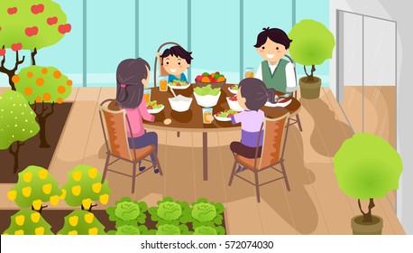 Stickman Illustration of a Family Having a Meal Together at an Indoor Garden