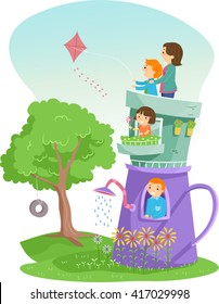 Stickman Illustration of a Family Living in a Teapot House