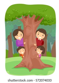 Stickman Illustration of a Family in an Outdoor Park Playfully Hiding Behind a Tree