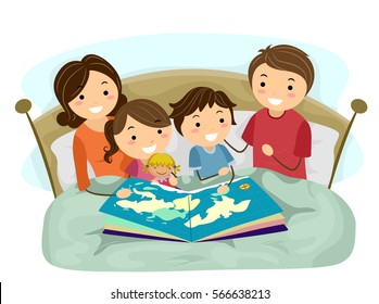 Stickman Illustration of a Family Reading a Geography Book