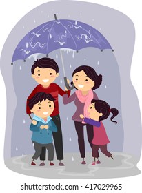 Stickman Illustration of a Family Sharing an Umbrella