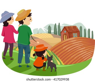 Stickman Illustration of a Family Touring Around a Farm