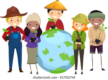 Stickman Illustration of Farmers Surrounding a Globe