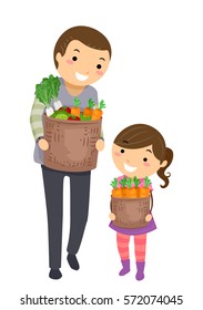 Stickman Illustration of a Father and Daughter Walking Home After Shopping for Groceries Together