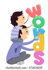 Stickman Illustration of a Father and His Son Stacking Up Letters That Spell the Word Words