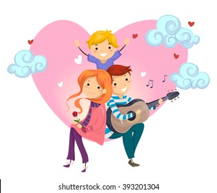 Stickman Illustration of a Father Serenading His Wife and Son