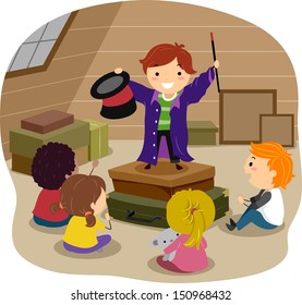 Stickman Illustration Featuring a Boy Performing Magic Tricks in an Attic