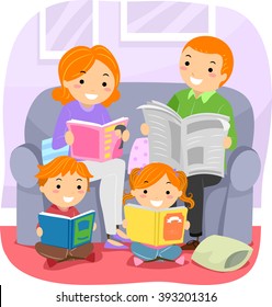 Stickman Illustration Featuring a Family Reading Together