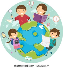 Stickman Illustration Featuring a Family Standing Around a Globe Holding Travel Related Items