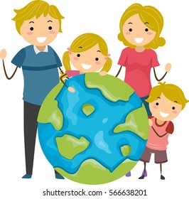 Stickman Illustration Featuring a Family Standing Around a Giant Globe