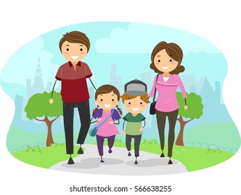 Stickman-Illustration mit einer Familie Wandern durch einen Park