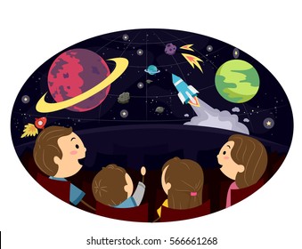 Stickman Illustration Featuring a Family Watching a Planetarium Presentation