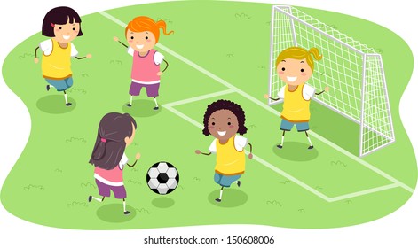 Stickman Illustration Featuring a Group of Girls Playing Soccer