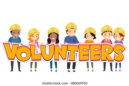 Stickman Illustration Featuring a Group of People in Hard Hats Holding a Paper Cutout That Spells the Word Volunteers