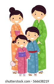 Stickman Illustration Featuring a Japanese Family Wearing Traditional Clothes