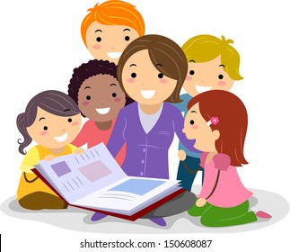 Stickman Illustration Featuring Kids Huddled Together While Listening to the Teacher Reading a Storybook