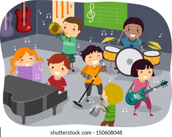 Stickman Illustration Featuring Kids Playing with Different Musical Instruments in a Music Room