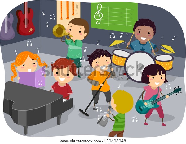 子どもたちが楽器を使って音楽室で演奏するステックマンイラスト のベクター画像素材 ロイヤリティフリー