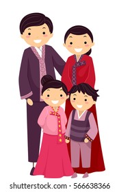 Stickman Illustration Featuring a Korean Family Wearing Traditional Clothes