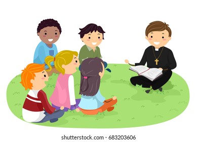 Stickman Illustration Featuring Teenagers in a Park Listening to a Priest Read the Bible