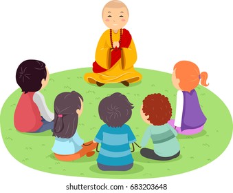 Stickman Illustration Featuring Teenagers in a Park Listening to a Monk Preach