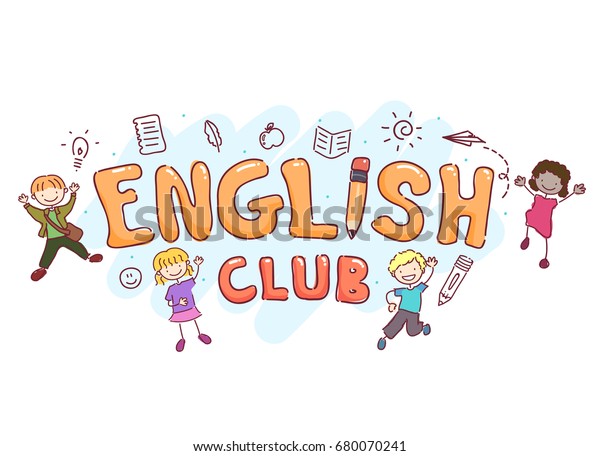 幼い子どもたちに囲まれた英語のクラブという言葉を扱ったステックマンイラスト のベクター画像素材 ロイヤリティフリー