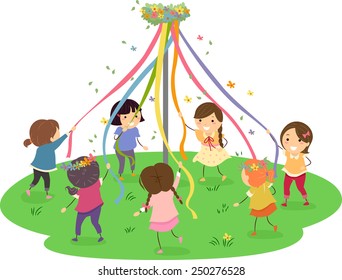 Stickman Illustration of Girls Dancing Around a Maypole